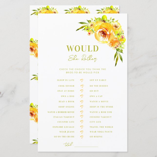 Yellow Green Bridal Shower Would She Rather Game (Voorkant / Achterkant)