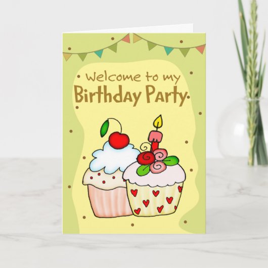 Yellow Green Cupcakes Birthday Invitation Kaart (Voorkant)