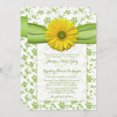 Yellow Green Damask Daisy Wedding Invitation Kaart (Voorkant / Achterkant)