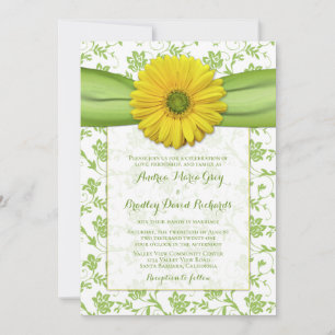 Yellow Green Damask Daisy Wedding Invitation Kaart
