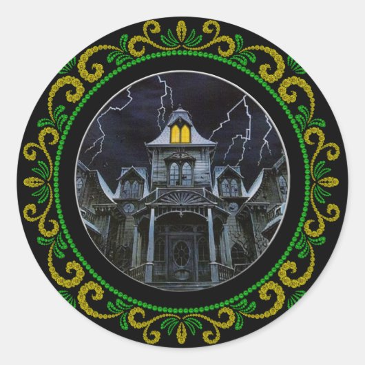 Yellow Green Haunted House Halloween Ronde Sticker (Voorkant)