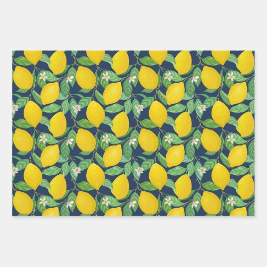 Yellow Green Navy Blue Lemon Pattern Inpakpapier Vel (Voorkant 2)