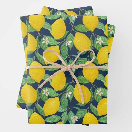 Yellow Green Navy Blue Lemon Pattern Inpakpapier Vel (In situ)