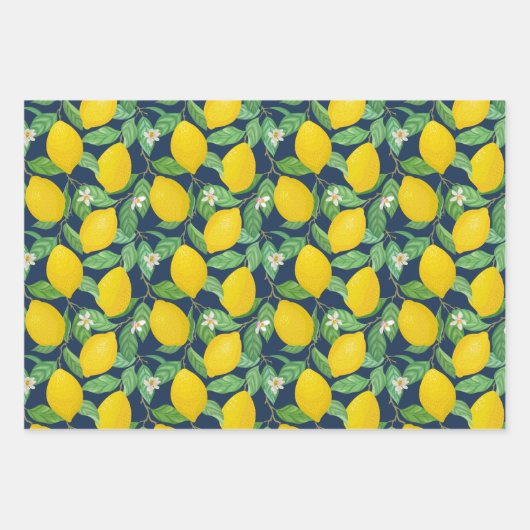 Yellow Green Navy Blue Lemon Pattern Inpakpapier Vel (Voorkant)