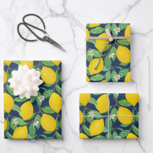 Yellow Green Navy Blue Lemon Pattern Inpakpapier Vel