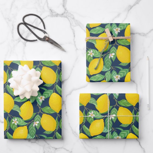 Yellow Green Navy Blue Lemon Pattern Inpakpapier Vel (Voorkant)