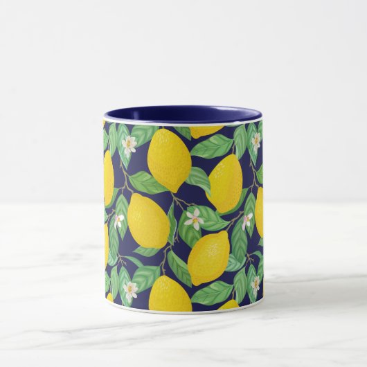Yellow Green Navy Blue Lemon Pattern Mok (Midden)
