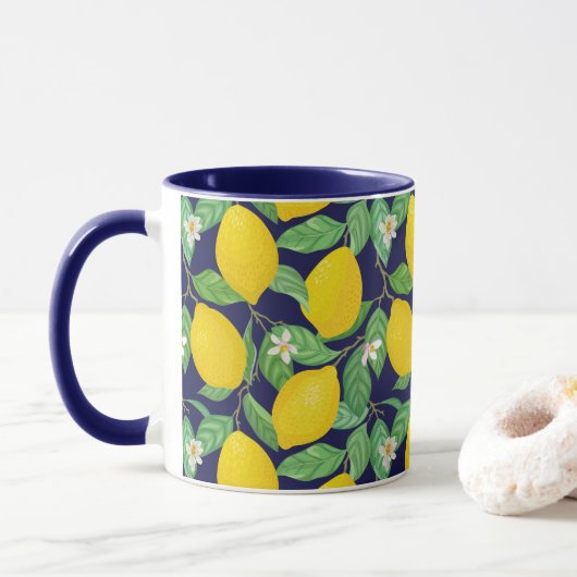 Yellow Green Navy Blue Lemon Pattern Mok (Met donut)