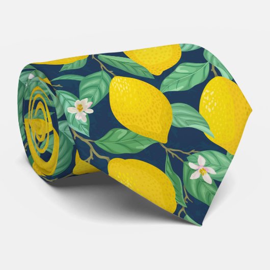 Yellow Green Navy Blue Lemon Pattern  Stropdas (Opgerold)