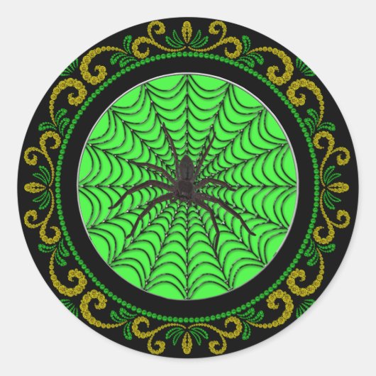 Yellow Green Spider Web en Black Spider Halloween Ronde Sticker (Voorkant)