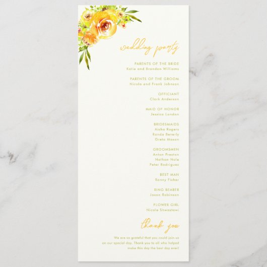 Yellow Green Summer Floral Vibrant Bloom Wedding Programmakaart (Achterkant)