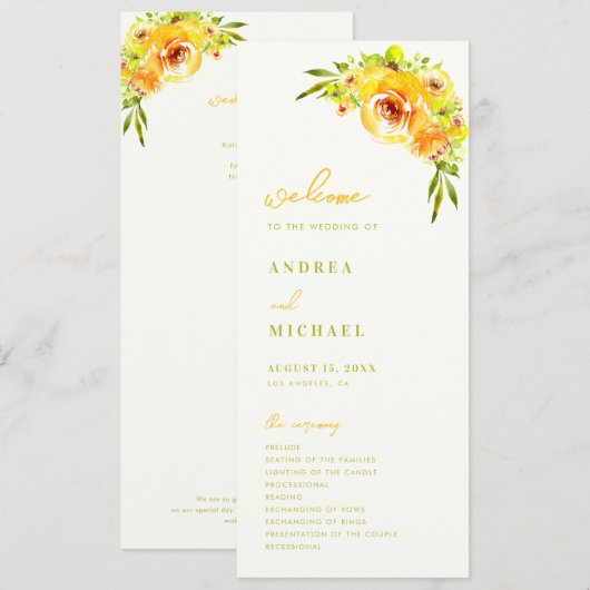 Yellow Green Summer Floral Vibrant Bloom Wedding Programmakaart (Voorkant / Achterkant)