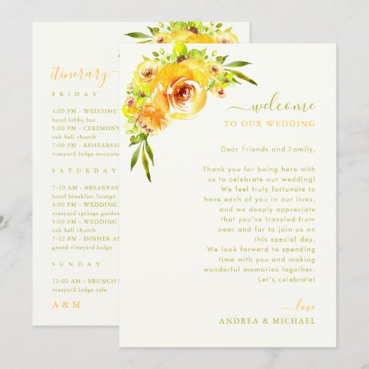 Yellow Green Wedding Welcome Letter Itinerary Card Kaart (Voorkant / Achterkant)