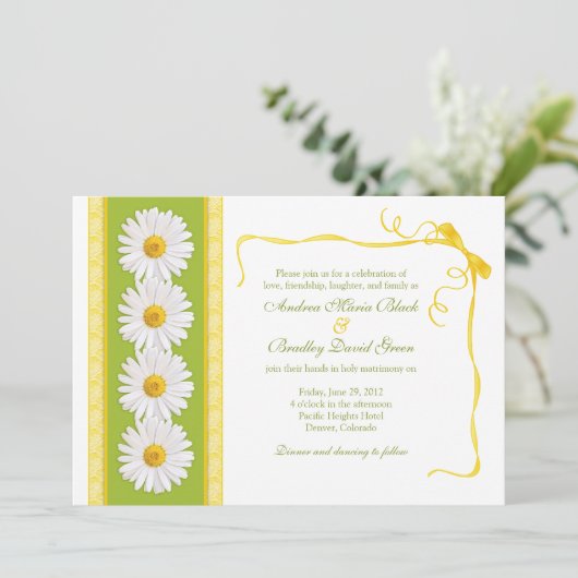 Yellow Green White Shasta Daisy Wedding Invitation Kaart (Staand voorkant)