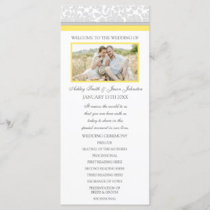 Yellow Grey Damask Photo Wedding Program Programmakaart