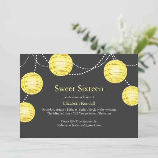 Yellow & Grey Party Lantern Sweet 16 Uitnodiging (Staand voorkant)