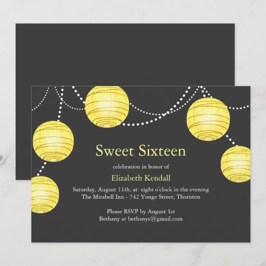 Yellow & Grey Party Lantern Sweet 16 Uitnodiging (Voorkant / Achterkant)