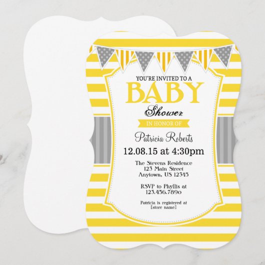 Yellow Grey Stripes Baby shower Uitnodiging (Voorkant / Achterkant)