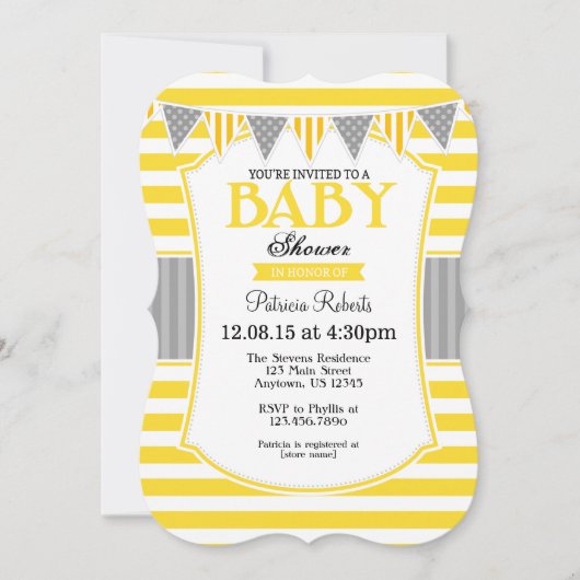 Yellow Grey Stripes Baby shower Uitnodiging (Voorkant)