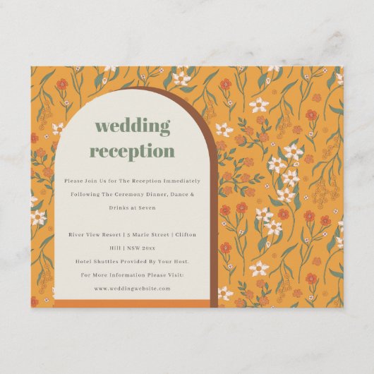 Yellow Groovy Retro Arch Floral Wedding Reception Informatiekaartje (Voorkant)