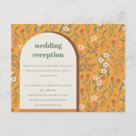 Yellow Groovy Retro Arch Floral Wedding Reception Informatiekaartje