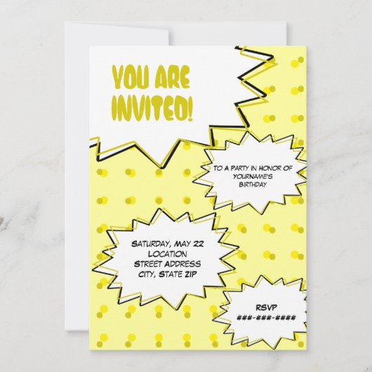 Yellow Halftone Pop Art Comic Inspired Invitation Kaart (Voorkant)