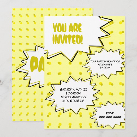 Yellow Halftone Pop Art Comic Inspired Invitation Kaart (Voorkant / Achterkant)
