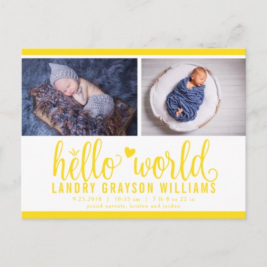 Yellow Hallo World Photo Birth Stat Aankondigingskaart (Voorkant)