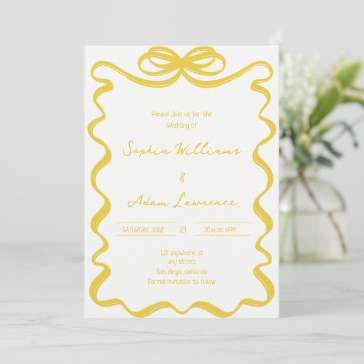 Yellow Hand Written Pinstripes Whimsical Wedding Kaart (Staand voorkant)