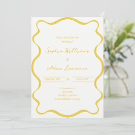 Yellow Hand Written Pinstripes Whimsical Wedding Kaart