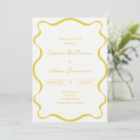 Yellow Hand Written Pinstripes Whimsical Wedding Kaart (Staand voorkant)