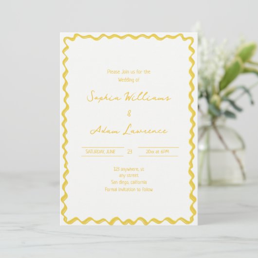 Yellow Hand Written Pinstripes Whimsical Wedding Kaart (Staand voorkant)
