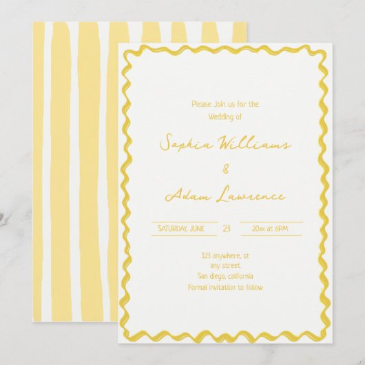 Yellow Hand Written Pinstripes Whimsical Wedding Kaart (Voorkant / Achterkant)