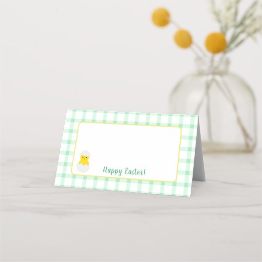 Yellow Happy Spring Chick Easter Green Check Plaatskaartje (Voorkant)