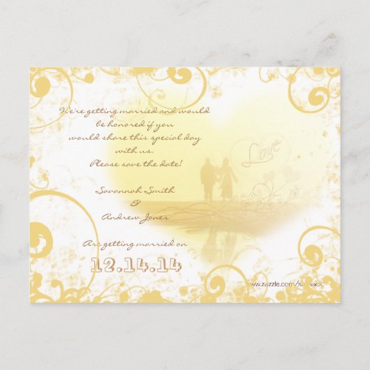 Yellow Heart Beach Wedding Aankondigingskaart (Achterkant)