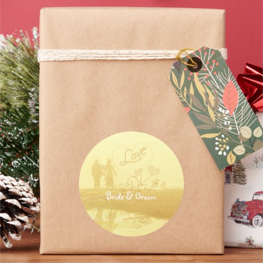 Yellow Heart Beach Wedding Ronde Sticker (Feestdagen)