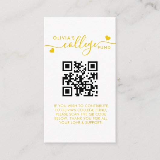 Yellow Heart Script QR Code College Fund Foto Informatiekaartje (Voorkant)