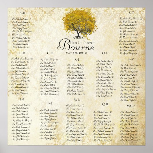 Yellow Heart Tree 100 tot 150 gast alfabetisch Poster (Voorkant)