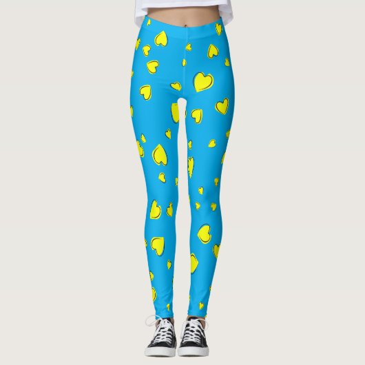 Yellow Hearts Patroon op Blauw Leggings (Voorkant)