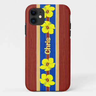 Yellow Hibiscus Fake Wood Surfboard Case-Mate iPhone Case