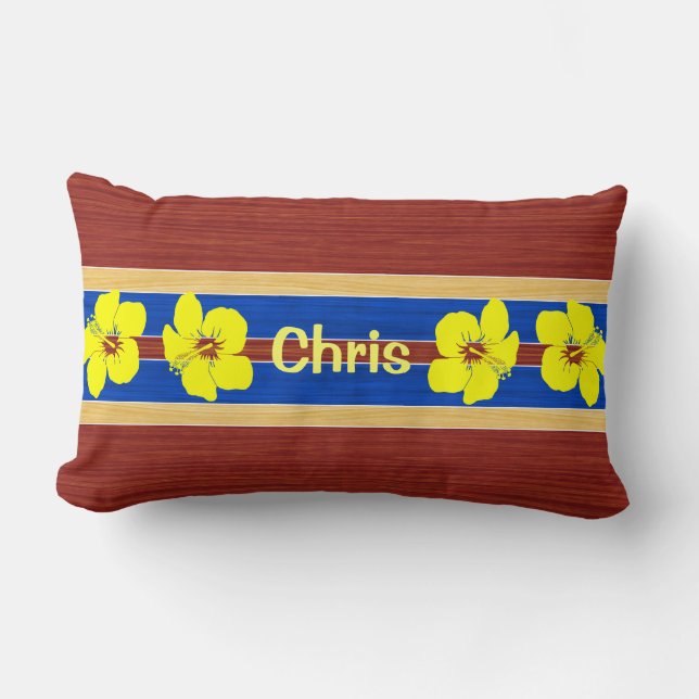 Yellow Hibiscus Fake Wood Surfboard Kussen (Voorkant)