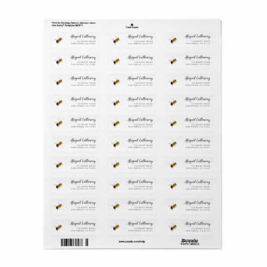 Yellow Honey Bee Return Address Etiket (Full Sheet)