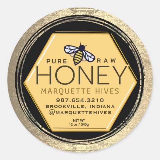 Yellow Honey Hexagon en Bee Distressed Gold Lijst Ronde Sticker (Voorkant)