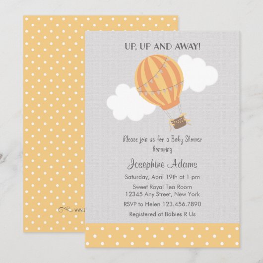 Yellow Hot Air Ballon Baby shower Invitation Kaart (Voorkant / Achterkant)