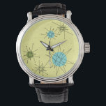 Yellow Iconic Atomic Starbursts Pattern Watch Horloge<br><div class="desc">Deze gele Iconische atoomstoot barst Pattern eWatch kenmerkt iconische atomaire starbursts. Dat klopt! De oude school, de gele gekleurde achtergrond met gouden gespugen is de perfecte achtergrond voor de levendige turquoise, het verzachten van selderij en kitschy parelgroene cirkels. De vlekken van kleur worden sporadisch geplaatst in diverse grootte met het...</div>