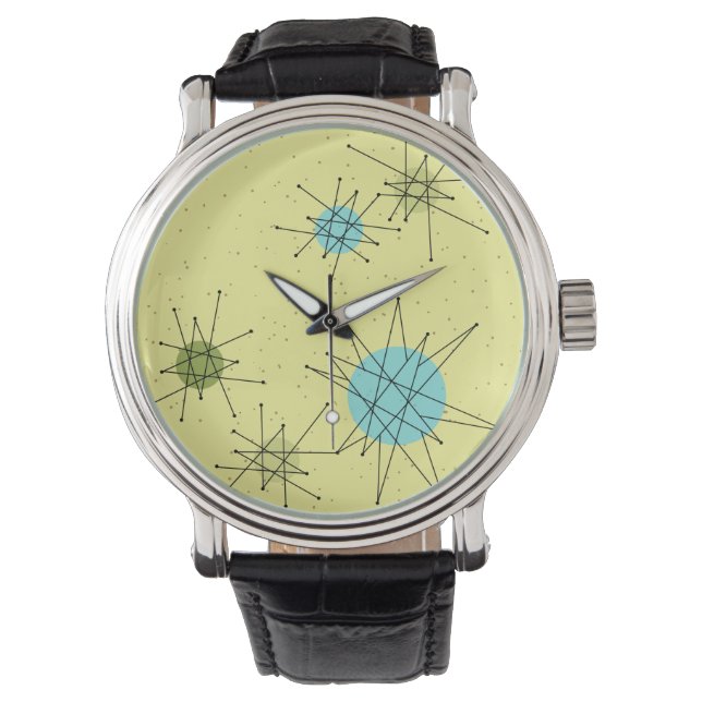 Yellow Iconic Atomic Starbursts Pattern Watch Horloge (Voorkant)