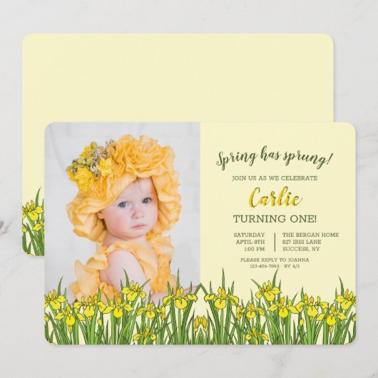 Yellow Iris Photo Birthday Invitation Kaart (Voorkant / Achterkant)