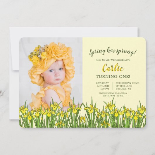 Yellow Iris Photo Birthday Invitation Kaart (Voorkant)