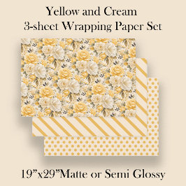 Yellow Ivory Cream Watercolor Floral Stripes Dots Inpakpapier Vel