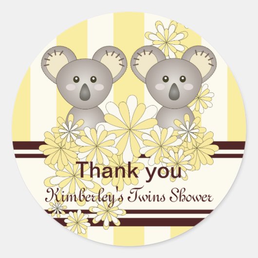 Yellow Koala Twin Baby shower / Verjaardag Dank u Ronde Sticker (Voorkant)